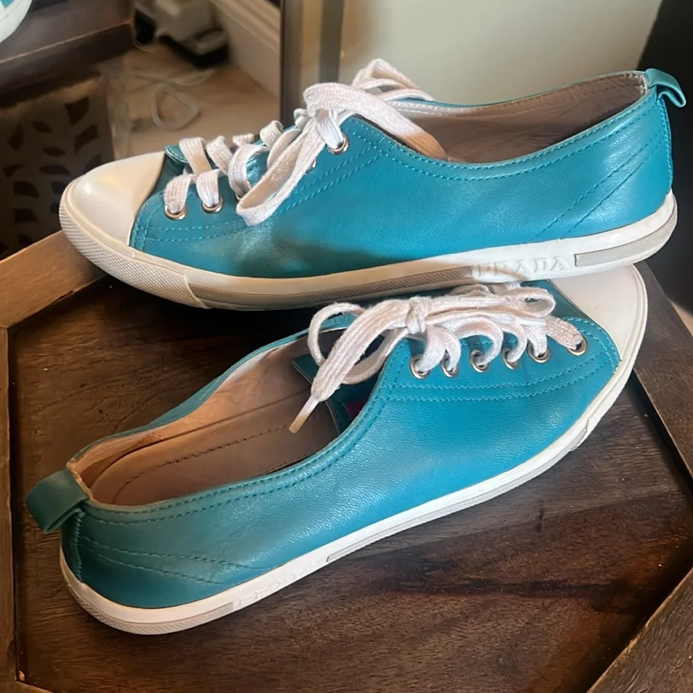 Prada Sneakers, EU 37, leather turquoise w/ white rubber